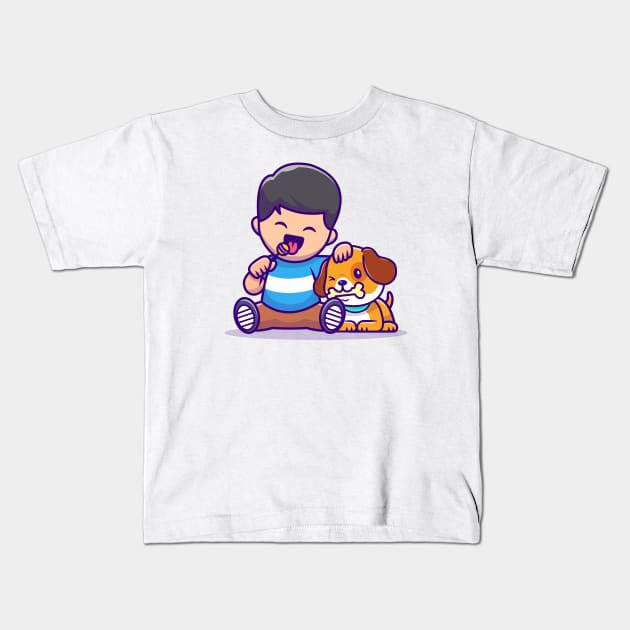 Cute Boy Eating Lollipop With Dog Eating Bone Kids T-Shirt by Catalyst Labs